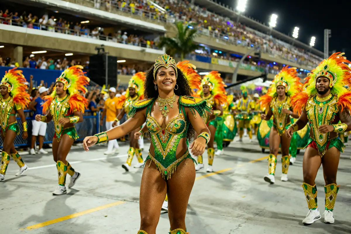 Danseurs en costumes colorés au carnaval de Rio 2025 samba dates carnaval rio 2025