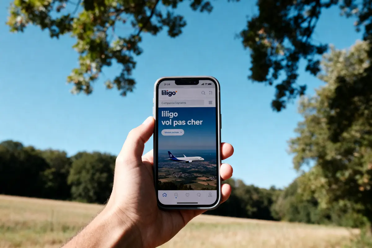 Main tenant un smartphone avec l'application Liligo vol pas cher affichée في en forêt