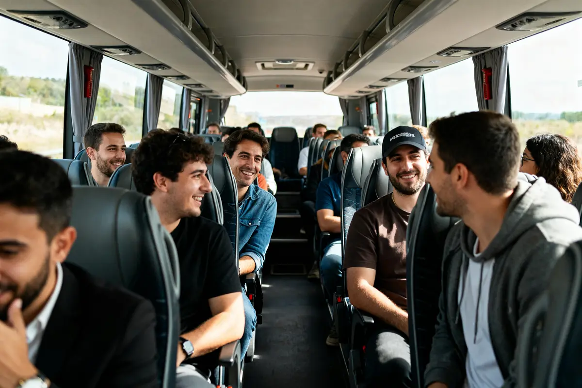 Groupe d'amis souriants en autobus durant un philibert voyage à la journée ensemble