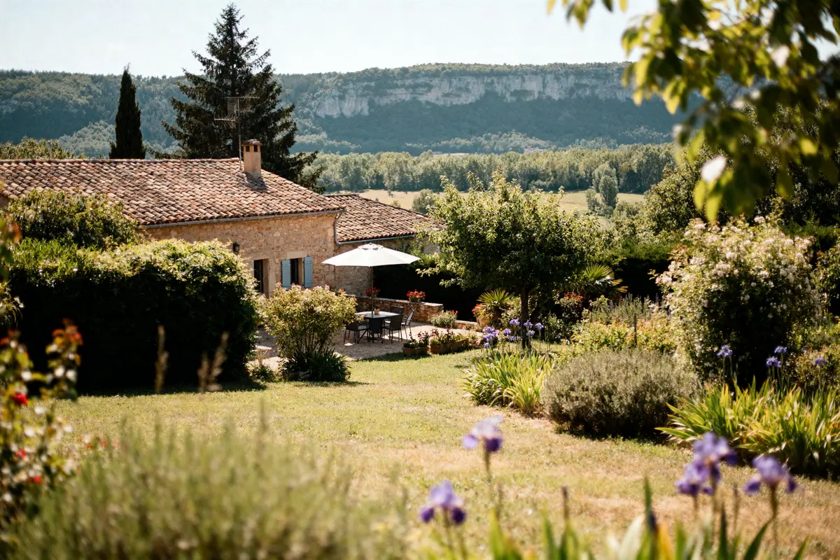 Maison en pierres avec jardin fleuri devant montagne, idéale pour profiter du cintrium.